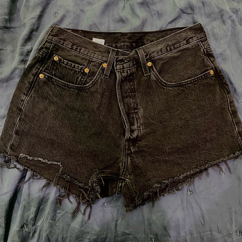 Levi’s Denim 501 Black Shorts, Distressed with Button Fly